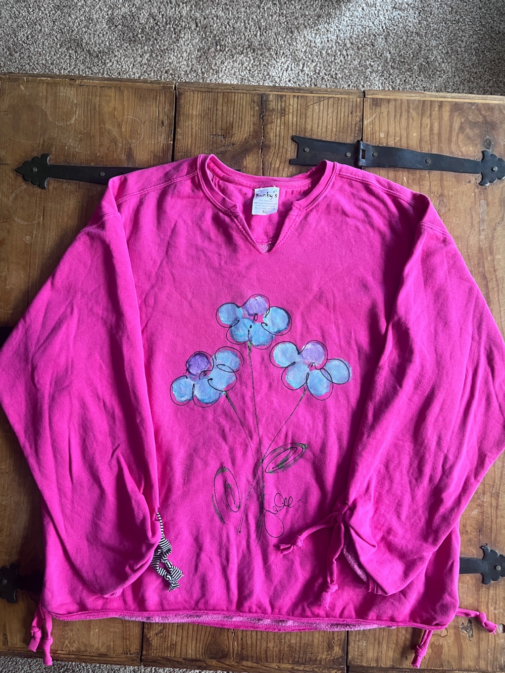 Kunky’s Hand Painted Bright Pink Floral Drawstring Pullover Sweatshirt